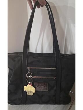 Coach Black Poppy Tote Bag with Cupcake Keychain Charm